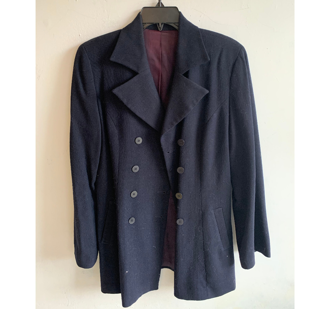 Navy Blue Linen Double Breasted Blazer Pea Coat